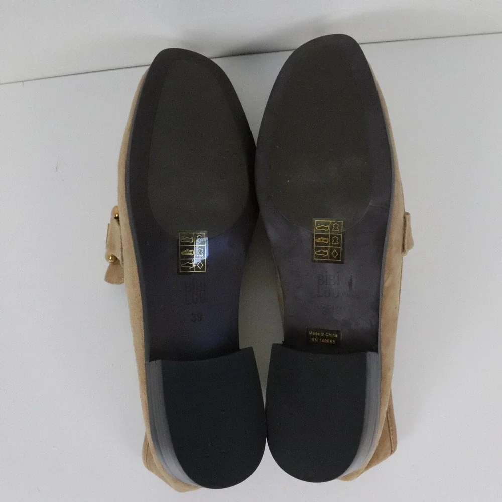 Anthropologie Bibi Lou Zagreb Suede Loafers 39 8 Tan Suede Horsebit Gold Buckle